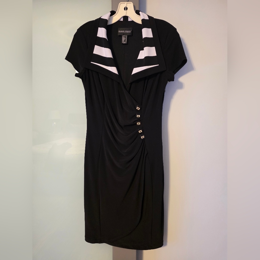 Frank Lyman Size 8 Fully Lined Faux Wrap Dress With Ruching